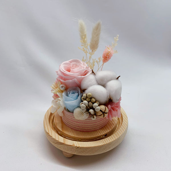 Glass Dome - Pastel Roses with Cotton Flower