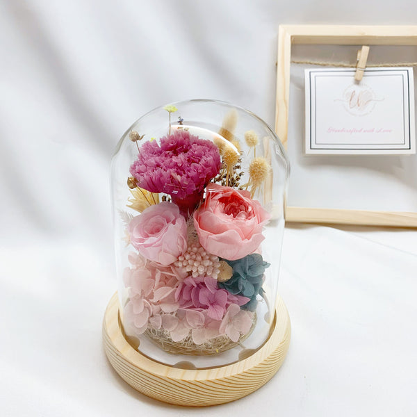 Glass Dome - Purple Carnation with Pink Roses