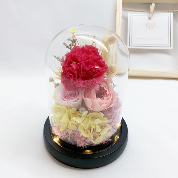 Glass Dome - Magenta Carnation with Pink Roses
