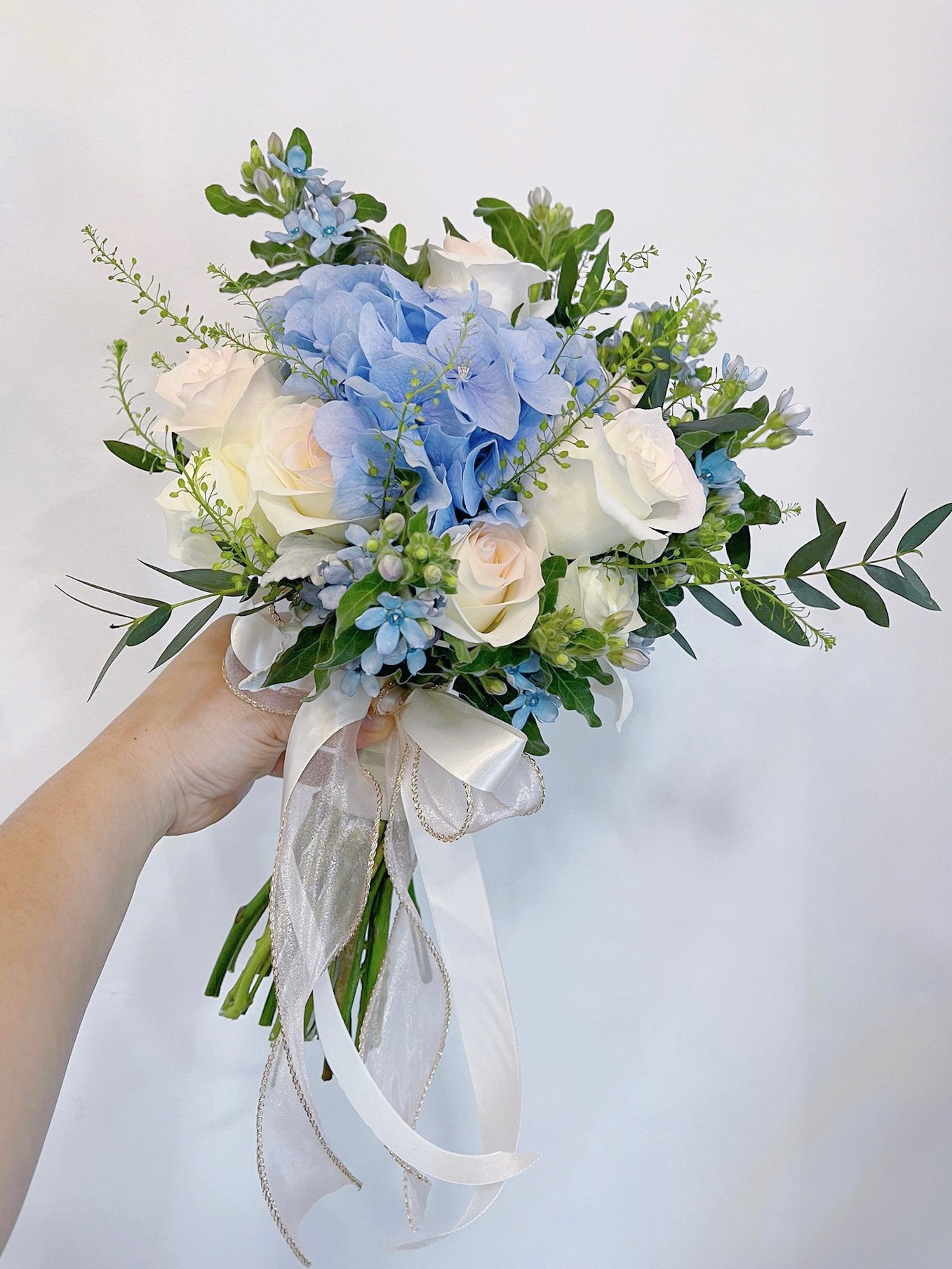 bridal bouquet - blue hydrangea and roses – ladyblooms floral & gifts