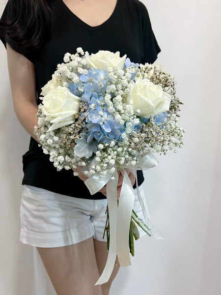 Bridal Bouquet - Blue Hydrangea and White Roses