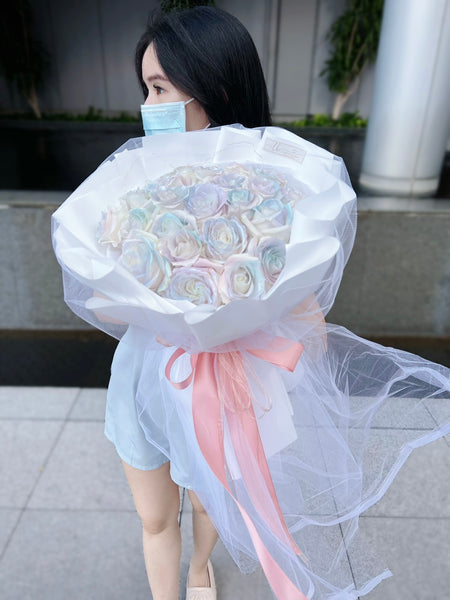 Fresh Rainbow Rose Bouquet in Elegant White Dress
