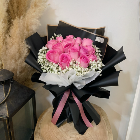 Pink Rose Bouquet - 18 Stalks with Baby's Breath