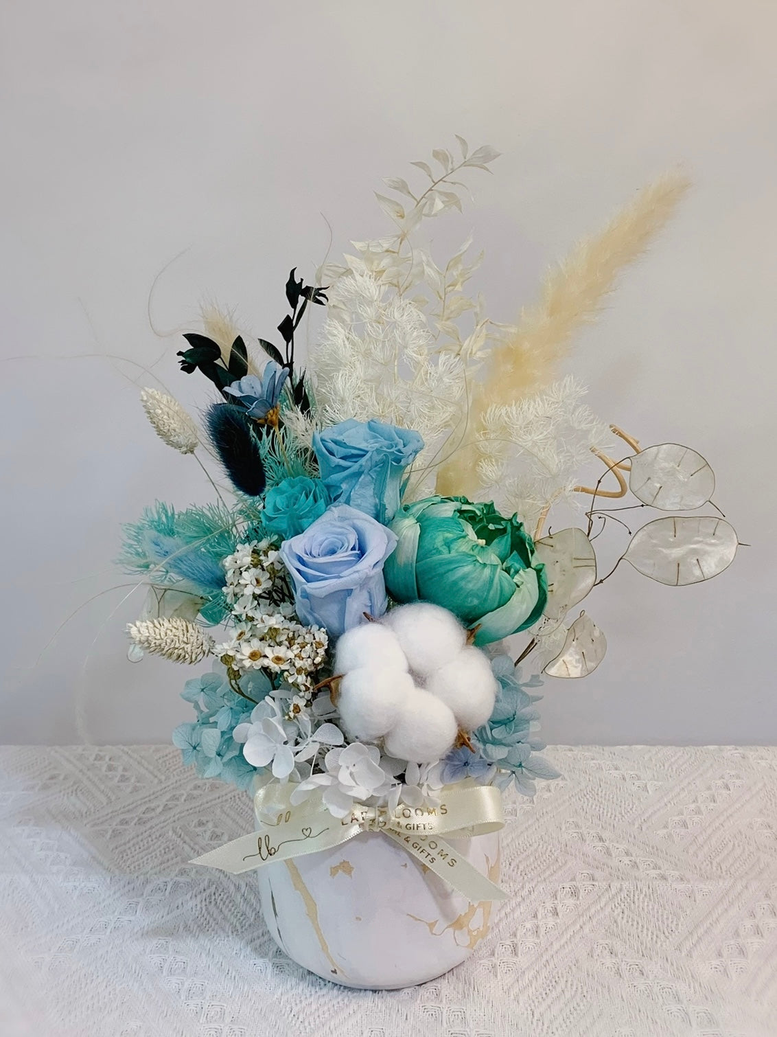 Preserved and Sola Wood Flowers in Vase - Blue