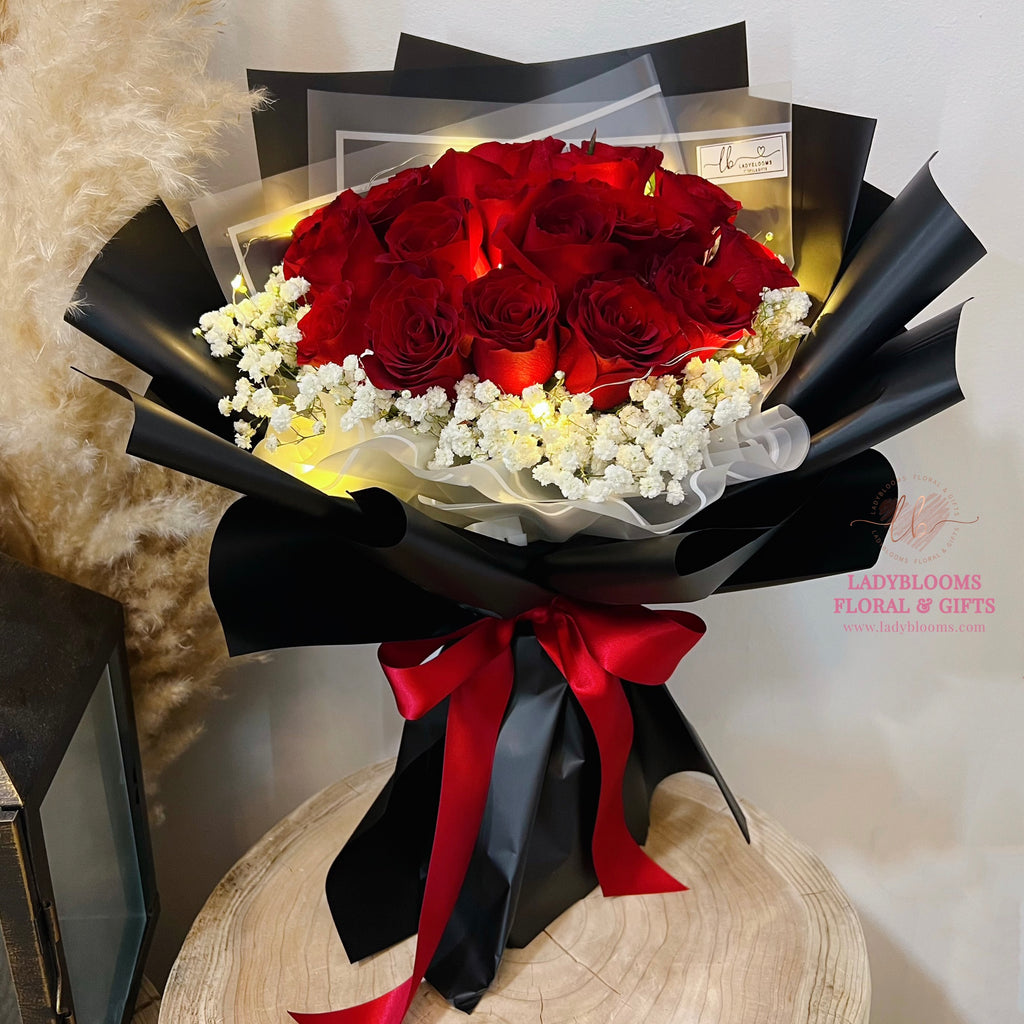 24 Red Rose Bouquet with Baby Breath by Vivid Flowers